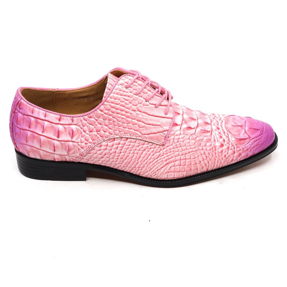 Pink Men's Crocodile Embossed Lace-Up Formal Business Dress Oxford Shoes - Picture 3 of 8